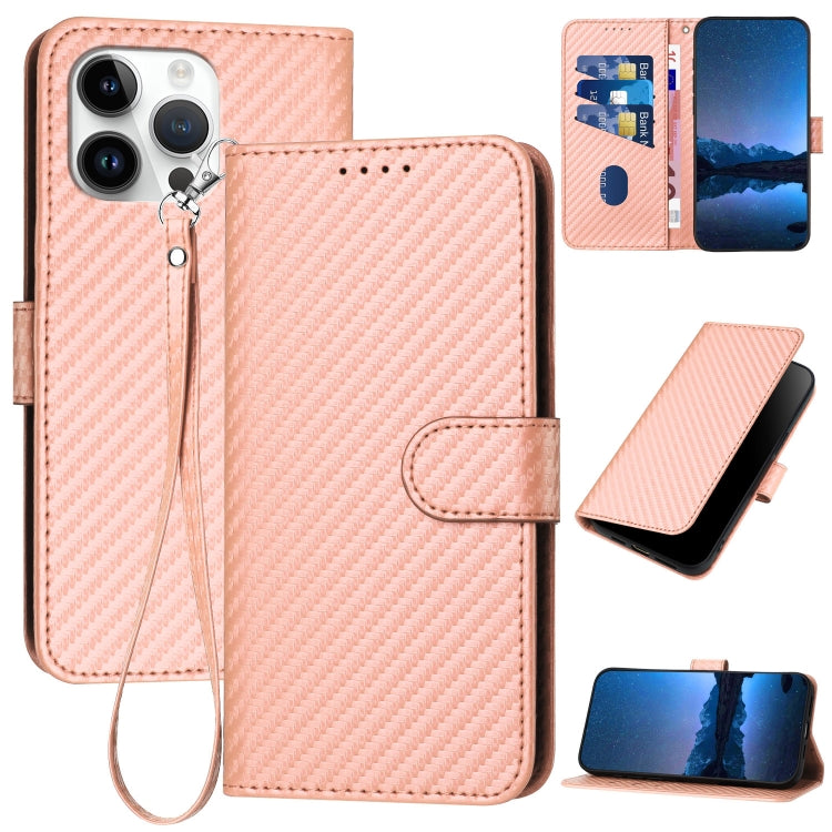 YX0070 Carbon Fiber Buckle Leather Phone Case with Lanyard, For iPhone 16 Pro, For iPhone 16 Plus, For iPhone 16, For iPhone 15 Pro Max, For iPhone 15 Pro, For iPhone 15 Plus