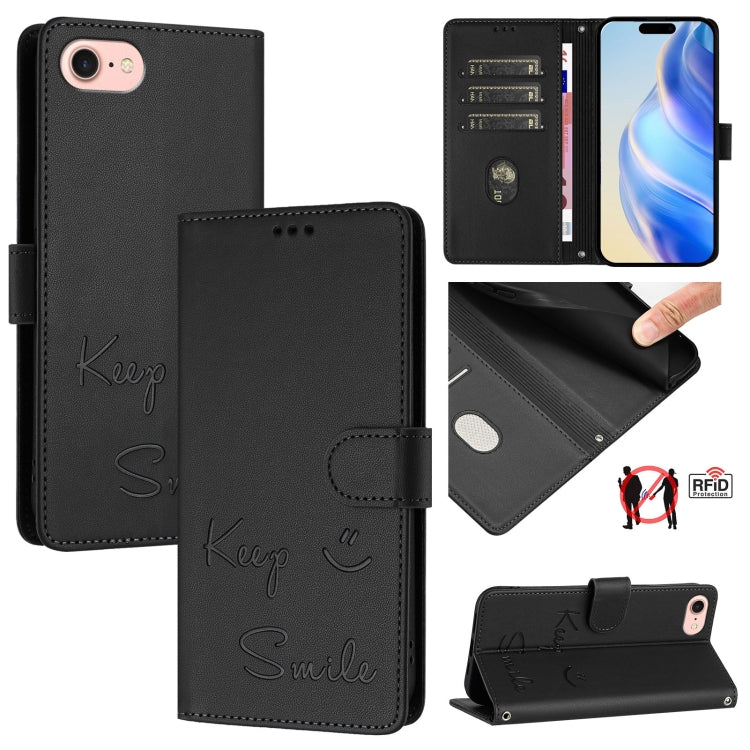 Smile Embossing RFID Leather Phone Case, For iPhone 14 Pro Max, For iPhone SE 2022 / 2020 / 8 / 7, For iPhone 13 Pro Max, For iPhone 13 Pro, For iPhone 13 mini, For iPhone 12 / 12 Pro, For iPhone 12 Pro Max, For iPhone 12 mini