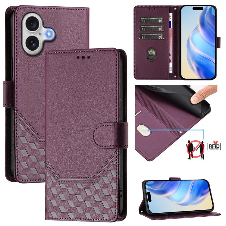 Honeycomb Embossing RFID Leather Phone Case, For iPhone 17e / 16e, For iPhone 17 Pro Max, For iPhone 17 Pro, For iPhone 17, For iPhone Air, For iPhone 16 Pro Max, For iPhone 16 Pro, For iPhone 16 Plus