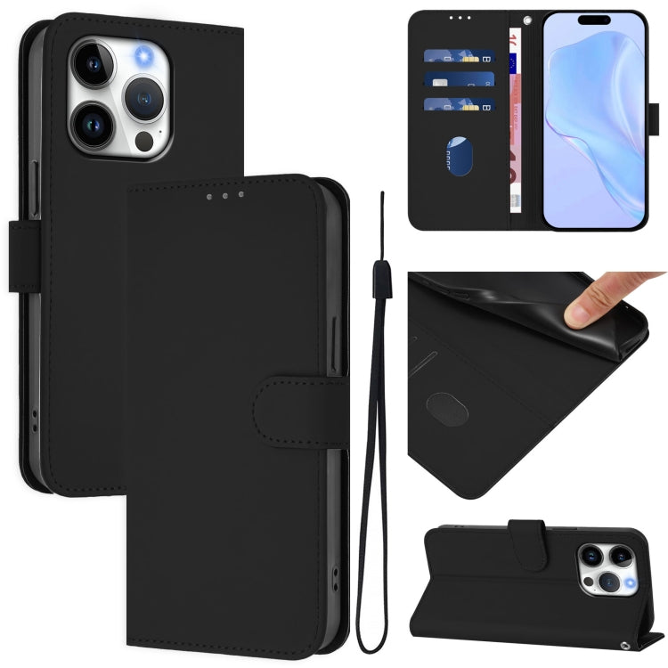 Skin Feel Solid Color Leather Phone Case with Lanyard, For iPhone 16 Pro, For iPhone 16 Plus