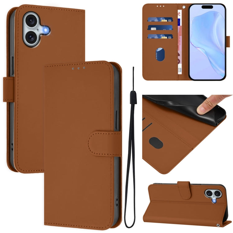 Skin Feel Solid Color Leather Phone Case with Lanyard, For iPhone 16 Pro, For iPhone 16 Plus