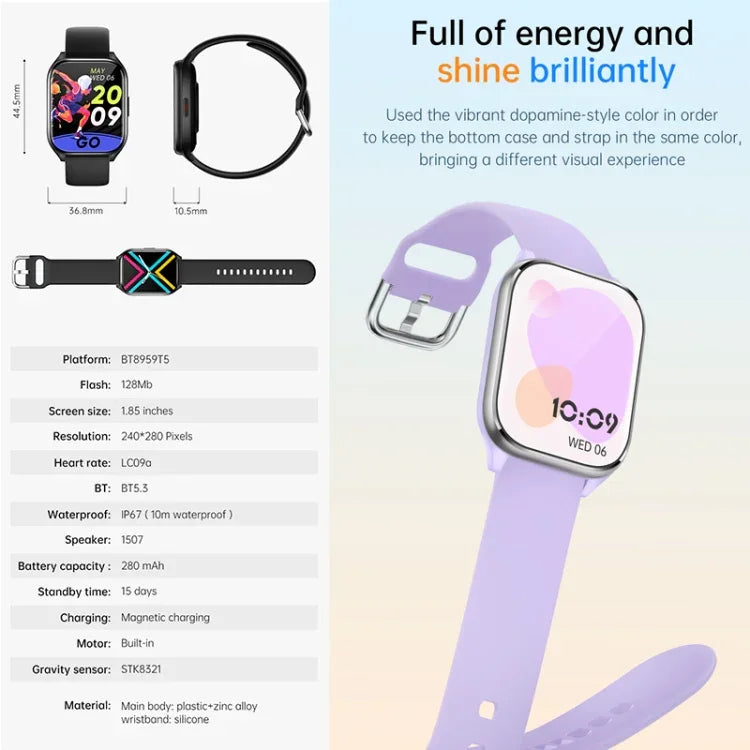 KT73S 1.85 inch Square Screen BT Call Smart Watch, Heart Rate / Blood Pressure / Blood Oxygen / Female Health / Sleep Monitoring