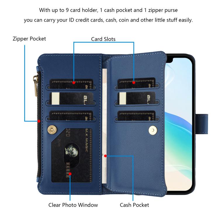 Magnetic Closure 9 Card Slots Zipper Leather Case with Hand Strap, For iPhone 11 Pro Max, For iPhone 11, For iPhone 11 Pro, For iPhone XS / X, For iPhone XR, For iPhone XS Max, For iPhone 8 Plus / 7 Plus