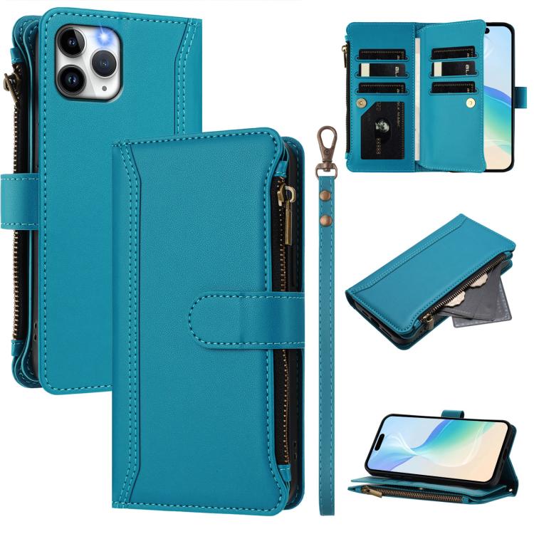 Magnetic Closure 9 Card Slots Zipper Leather Case with Hand Strap, For iPhone 11 Pro Max, For iPhone 11, For iPhone 11 Pro, For iPhone XS / X, For iPhone XR, For iPhone XS Max, For iPhone 8 Plus / 7 Plus
