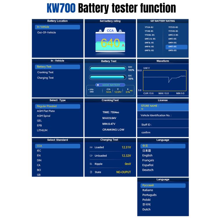 KONNWEI KW700 12V / 24V 2.8 inch Color Screen Car Battery Tester with Printer, KW700