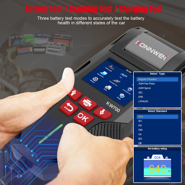 KONNWEI KW700 12V / 24V 2.8 inch Color Screen Car Battery Tester with Printer, KW700
