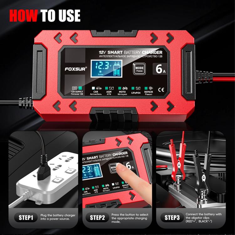 FOXSUR FBC1206F 12V 6A Car Motorcycle Battery Charger Smart Repair Multi-function Charger, EU Plug, US Plug, UK Plug, AU Plug