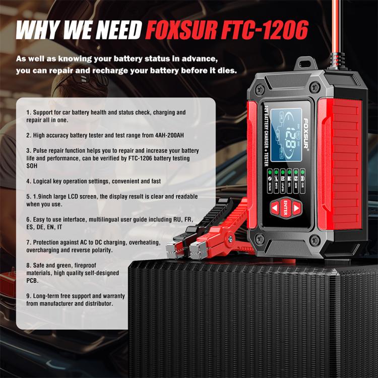 FOXSUR FTC-1206 2 in 1 12V Charging Tester Integrated Machine Car Motorcycle Battery Charger Tester, EU Plug, US Plug, UK Plug, AU Plug