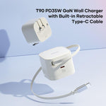 ROCK T90 PD35W Type-C Single Port GaN Wall Charger with Type-C Retractable Cable, UK Plug, EU Plug