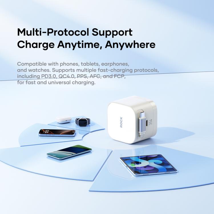 ROCK T90 PD35W Type-C Single Port GaN Wall Charger with Type-C Retractable Cable, UK Plug, EU Plug