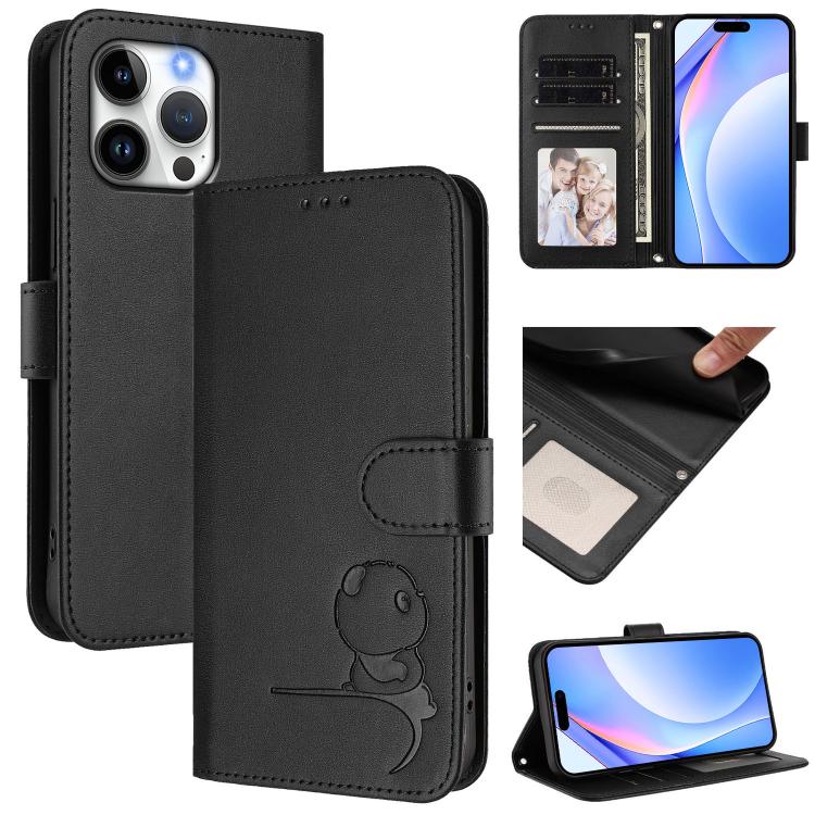 Litter Panda Embossing RFID Leather Phone Case with Lanyard, For iPhone 17e / 16e, For iPhone 17 Pro Max, For iPhone 17 Pro, For iPhone 17, For iPhone Air, For iPhone 16 Pro Max, For iPhone 16 Pro, For iPhone 16 Plus