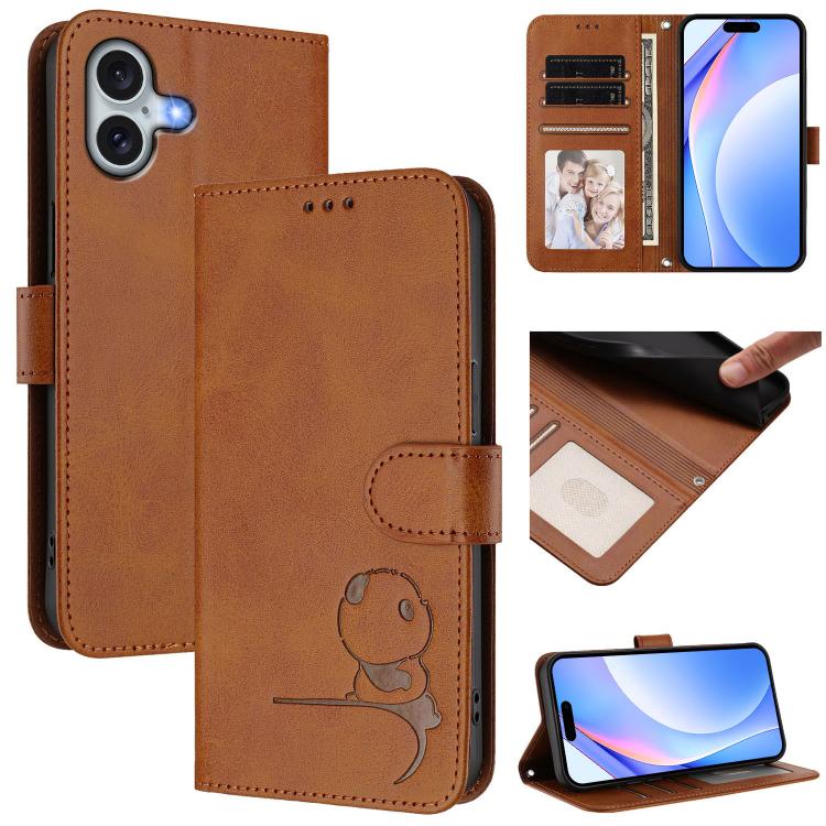 Litter Panda Embossing RFID Leather Phone Case with Lanyard, For iPhone 17e / 16e, For iPhone 17 Pro Max, For iPhone 17 Pro, For iPhone 17, For iPhone Air, For iPhone 16 Pro Max, For iPhone 16 Pro, For iPhone 16 Plus