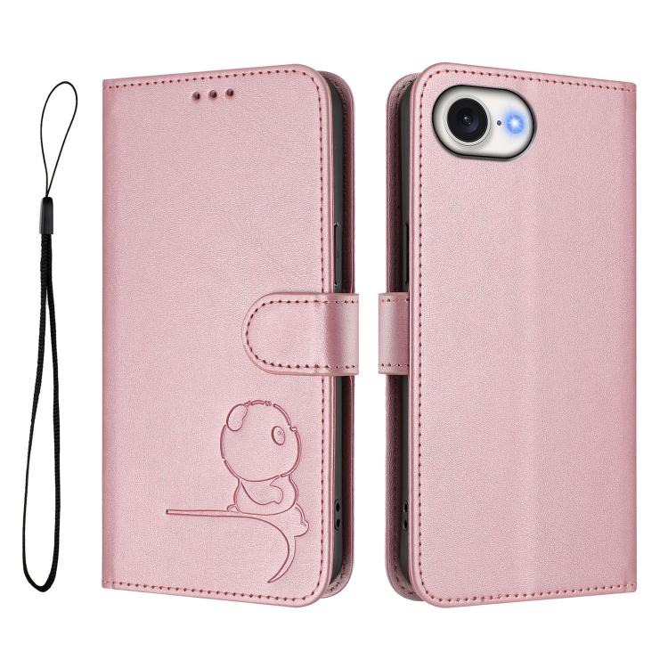 Litter Panda Embossing RFID Leather Phone Case with Lanyard, For iPhone 17e / 16e, For iPhone 17 Pro Max, For iPhone 17 Pro, For iPhone 17, For iPhone Air, For iPhone 16 Pro Max, For iPhone 16 Pro, For iPhone 16 Plus