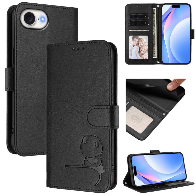 Litter Panda Embossing RFID Leather Phone Case with Lanyard, For iPhone 17e / 16e, For iPhone 17 Pro Max, For iPhone 17 Pro, For iPhone 17, For iPhone Air, For iPhone 16 Pro Max, For iPhone 16 Pro, For iPhone 16 Plus