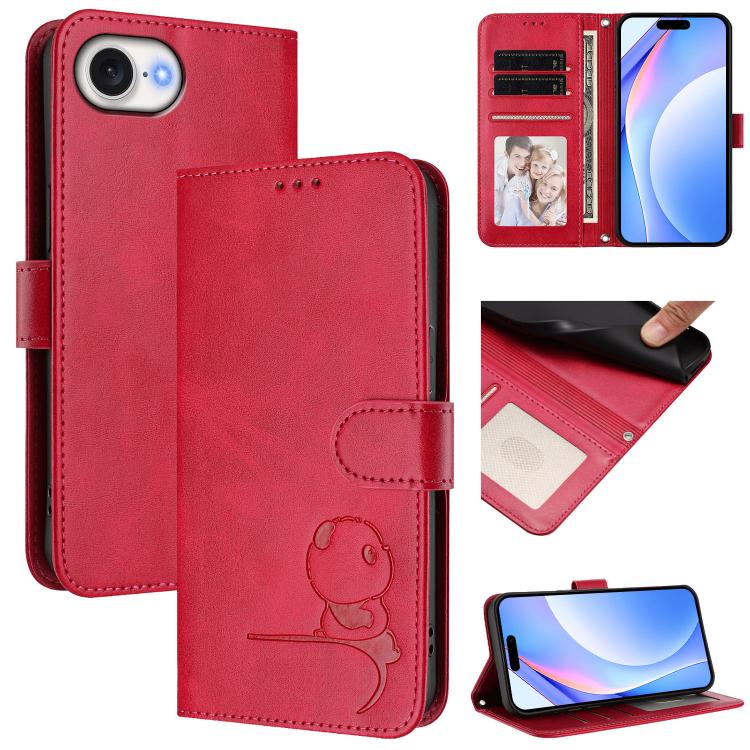 Litter Panda Embossing RFID Leather Phone Case with Lanyard, For iPhone 17e / 16e, For iPhone 17 Pro Max, For iPhone 17 Pro, For iPhone 17, For iPhone Air, For iPhone 16 Pro Max, For iPhone 16 Pro, For iPhone 16 Plus