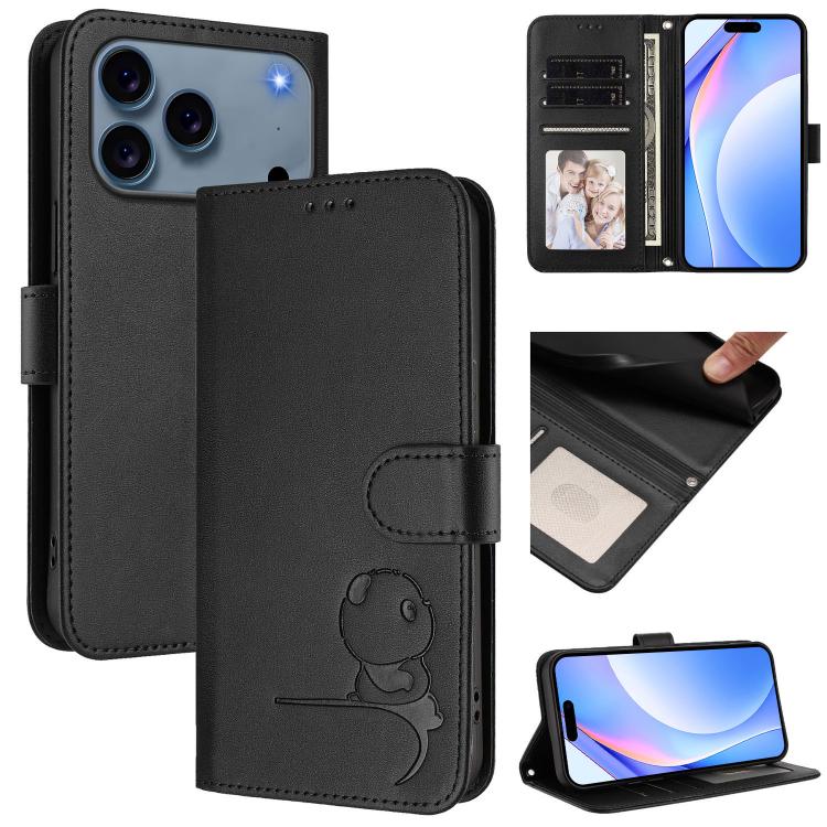 Litter Panda Embossing RFID Leather Phone Case with Lanyard, For iPhone 17e / 16e, For iPhone 17 Pro Max, For iPhone 17 Pro, For iPhone 17, For iPhone Air, For iPhone 16 Pro Max, For iPhone 16 Pro, For iPhone 16 Plus