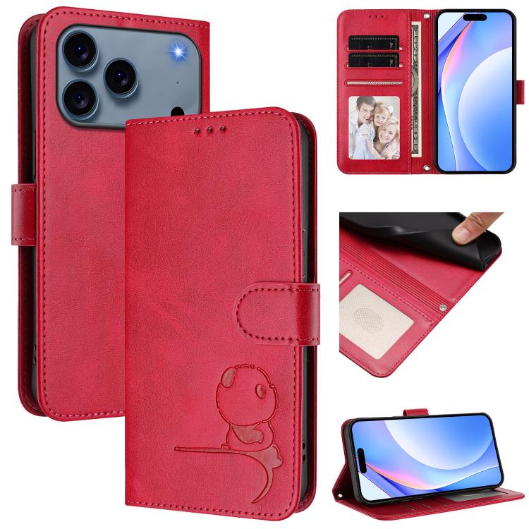 Litter Panda Embossing RFID Leather Phone Case with Lanyard, For iPhone 17e / 16e, For iPhone 17 Pro Max, For iPhone 17 Pro, For iPhone 17, For iPhone Air, For iPhone 16 Pro Max, For iPhone 16 Pro, For iPhone 16 Plus