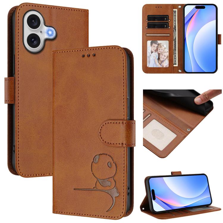 Litter Panda Embossing RFID Leather Phone Case with Lanyard, For iPhone 17e / 16e, For iPhone 17 Pro Max, For iPhone 17 Pro, For iPhone 17, For iPhone Air, For iPhone 16 Pro Max, For iPhone 16 Pro, For iPhone 16 Plus