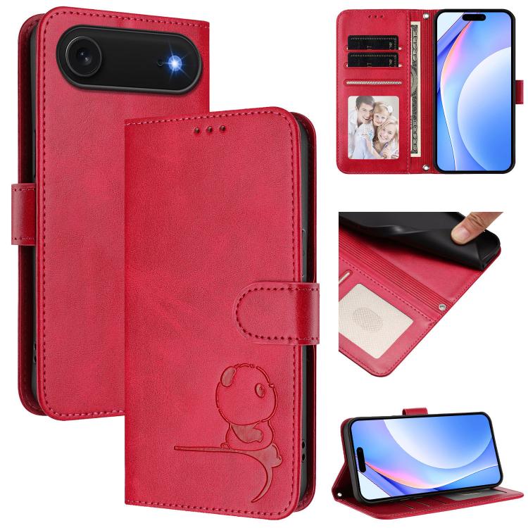 Litter Panda Embossing RFID Leather Phone Case with Lanyard, For iPhone 17e / 16e, For iPhone 17 Pro Max, For iPhone 17 Pro, For iPhone 17, For iPhone Air, For iPhone 16 Pro Max, For iPhone 16 Pro, For iPhone 16 Plus