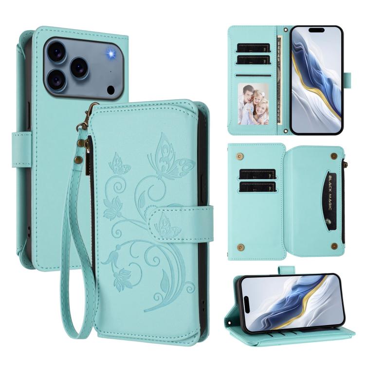 Butterfly Love Flower Multi-card Zipper Wallet Leather Phone Case, For iPhone 17e / 16e, For iPhone 17 Pro Max, For iPhone 17 Pro, For iPhone 17, For iPhone Air, For iPhone 16 Pro Max