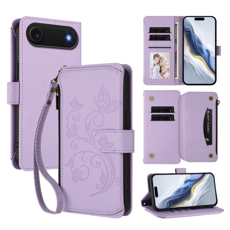 Butterfly Love Flower Multi-card Zipper Wallet Leather Phone Case, For iPhone 17e / 16e, For iPhone 17 Pro Max, For iPhone 17 Pro, For iPhone 17, For iPhone Air, For iPhone 16 Pro Max