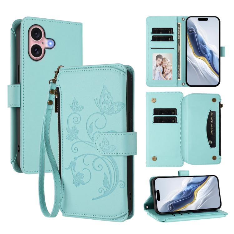 Butterfly Love Flower Multi-card Zipper Wallet Leather Phone Case, For iPhone 16 Pro, For iPhone 16 Plus, For iPhone 16, For iPhone 15 Pro Max, For iPhone 15 Pro, For iPhone 15 Plus