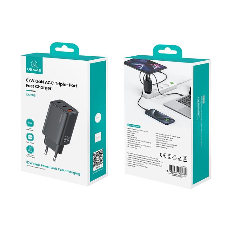 USAMS CC265 67W GaN 2 x Type-C, USB Triple-port Mini Fast Charger, CC265