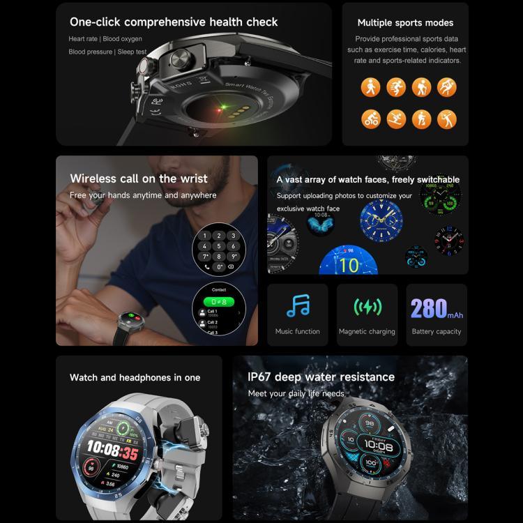 F38 Dual-ear Bluetooth Earphone Smart Watch IP67 Supports Heart Rate Monitoring, Silicone, Leather, Steel