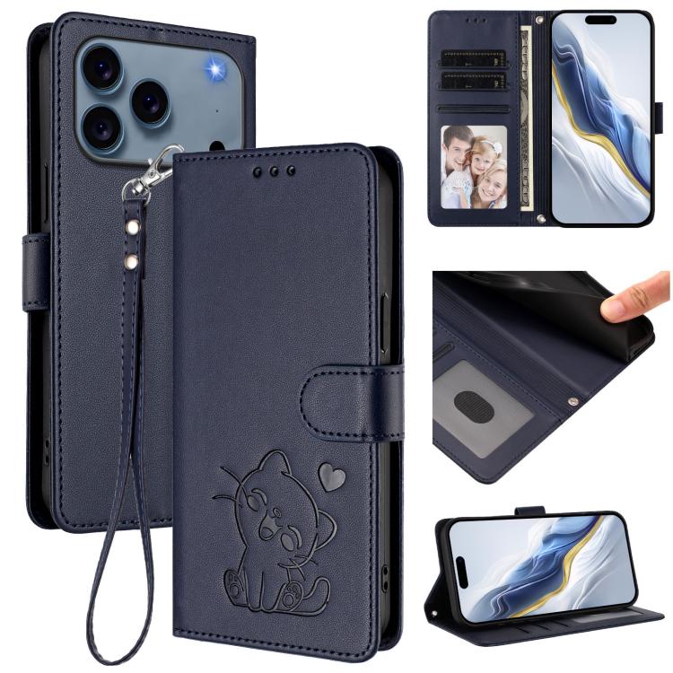 Embossed Heart Cat Leather Phone Case with Hand Strap, For iPhone 17e / 16e, For iPhone 17 Pro Max, For iPhone 17 Pro, For iPhone 17