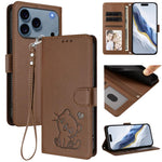 Embossed Heart Cat Leather Phone Case with Hand Strap, For iPhone 17e / 16e, For iPhone 17 Pro Max, For iPhone 17 Pro, For iPhone 17
