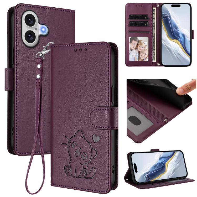 Embossed Heart Cat Leather Phone Case with Hand Strap, For iPhone 17e / 16e, For iPhone 17 Pro Max, For iPhone 17 Pro, For iPhone 17