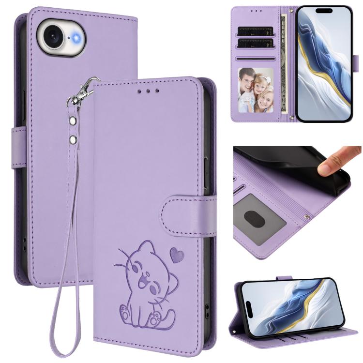 Embossed Heart Cat Leather Phone Case with Hand Strap, For iPhone 17e / 16e, For iPhone 17 Pro Max, For iPhone 17 Pro, For iPhone 17