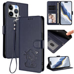 Embossed Heart Cat Leather Phone Case with Hand Strap, For iPhone Air, For iPhone 16 Pro Max, For iPhone 16 Pro, For iPhone 16 Plus