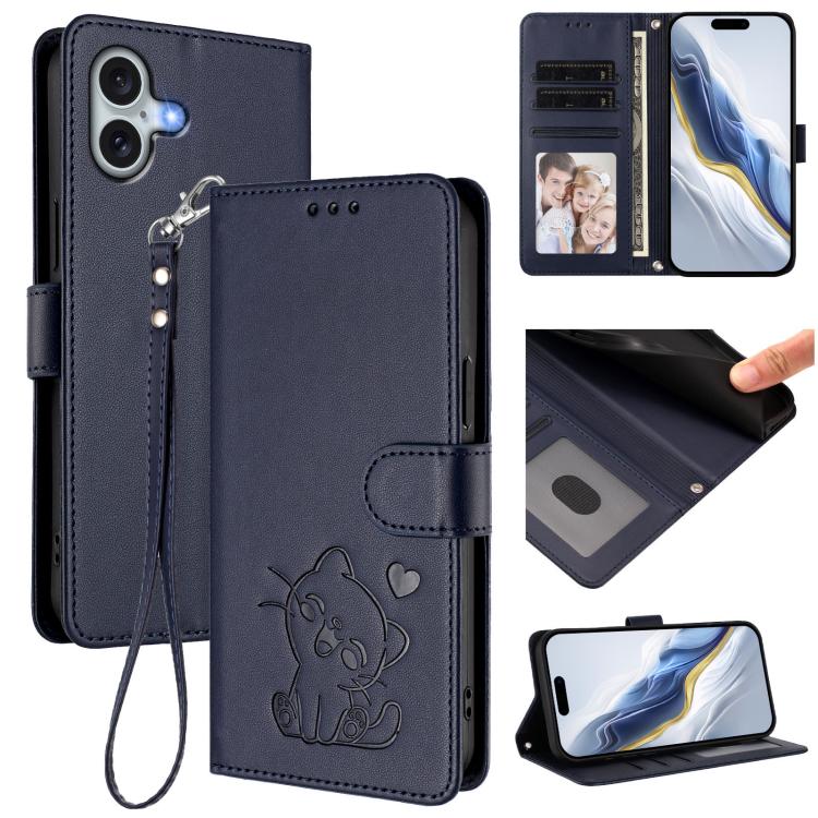 Embossed Heart Cat Leather Phone Case with Hand Strap, For iPhone Air, For iPhone 16 Pro Max, For iPhone 16 Pro, For iPhone 16 Plus