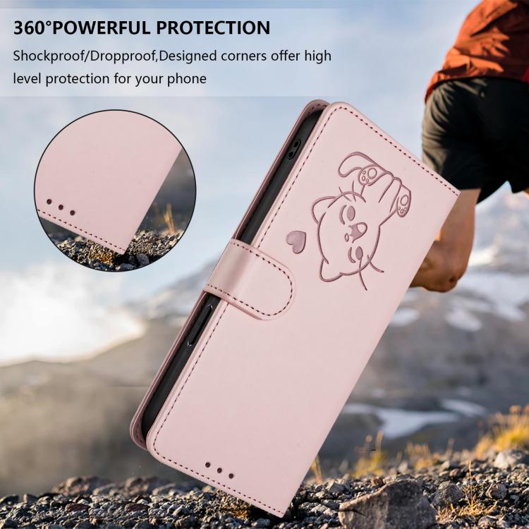Embossed Heart Cat Leather Phone Case with Hand Strap, For iPhone 15, For iPhone 14 Plus, For iPhone 14 / 13, For iPhone 14 Pro