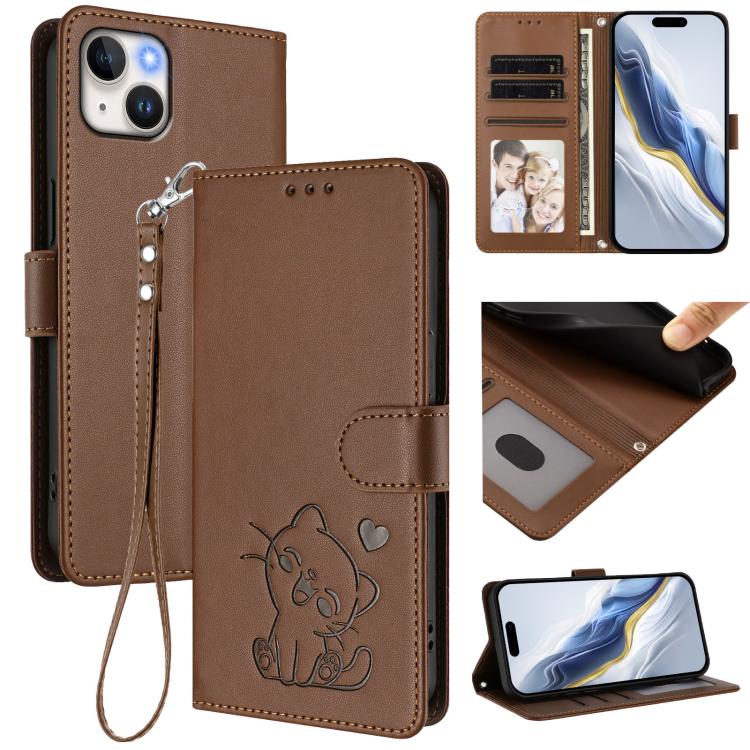 Embossed Heart Cat Leather Phone Case with Hand Strap, For iPhone 15, For iPhone 14 Plus, For iPhone 14 / 13, For iPhone 14 Pro