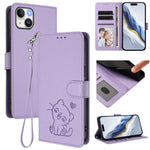 Embossed Heart Cat Leather Phone Case with Hand Strap, For iPhone 15, For iPhone 14 Plus, For iPhone 14 / 13, For iPhone 14 Pro