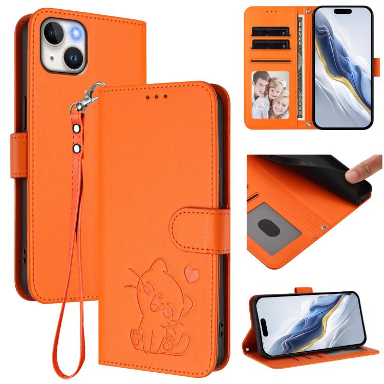 Embossed Heart Cat Leather Phone Case with Hand Strap, For iPhone 15, For iPhone 14 Plus, For iPhone 14 / 13, For iPhone 14 Pro