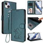 Embossed Heart Cat Leather Phone Case with Hand Strap, For iPhone 15, For iPhone 14 Plus, For iPhone 14 / 13, For iPhone 14 Pro