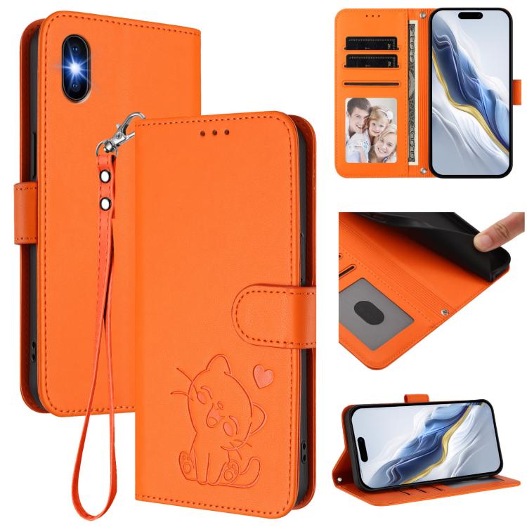 Embossed Heart Cat Leather Phone Case with Hand Strap, For iPhone 11 Pro Max, For iPhone 11, For iPhone 11 Pro, For iPhone X / XS
