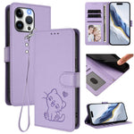 Embossed Heart Cat Leather Phone Case with Hand Strap, For iPhone 15, For iPhone 14 Plus, For iPhone 14 / 13, For iPhone 14 Pro