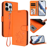 Embossed Heart Cat Leather Phone Case with Hand Strap, For iPhone 15, For iPhone 14 Plus, For iPhone 14 / 13, For iPhone 14 Pro