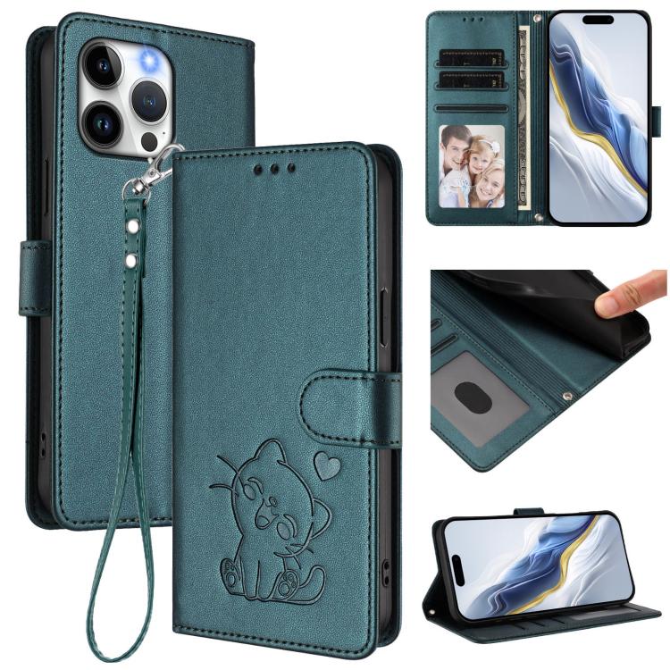 Embossed Heart Cat Leather Phone Case with Hand Strap, For iPhone 15, For iPhone 14 Plus, For iPhone 14 / 13, For iPhone 14 Pro