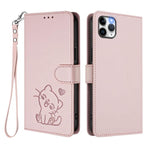 Embossed Heart Cat Leather Phone Case with Hand Strap, For iPhone 11 Pro Max, For iPhone 11, For iPhone 11 Pro, For iPhone X / XS