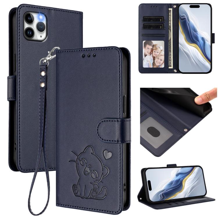 Embossed Heart Cat Leather Phone Case with Hand Strap, For iPhone 11 Pro Max, For iPhone 11, For iPhone 11 Pro, For iPhone X / XS