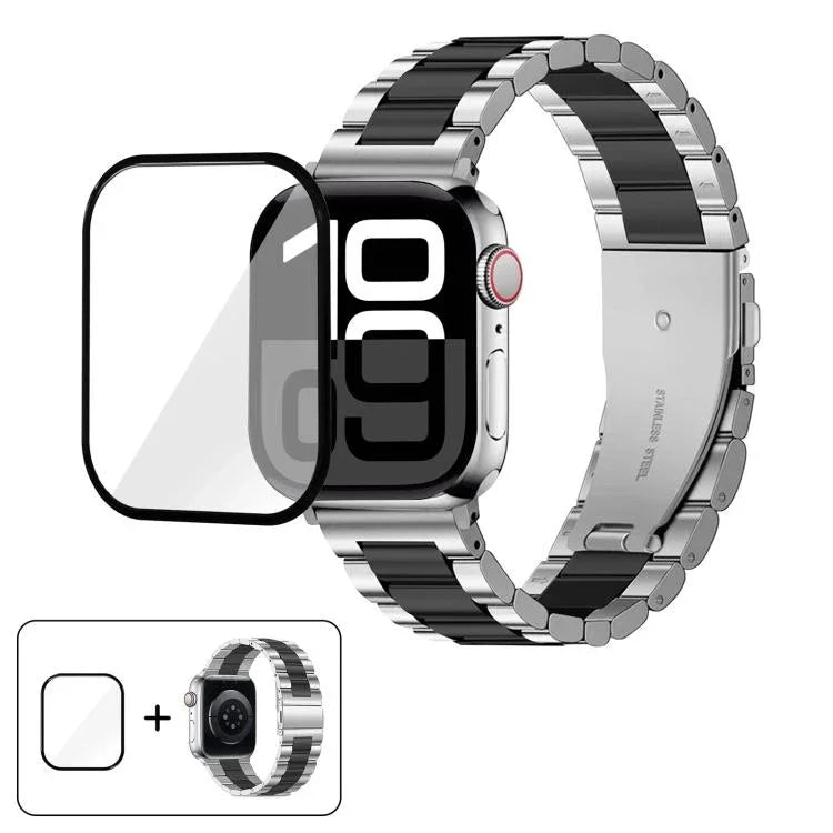 Three Beads Stainless Steel Watch Band with 3D Curved Film, For Apple Watch Series 10 46mm, For Apple Watch Series 10 42mm, For Apple Watch Series 44mm, For Apple Watch Series 40mm