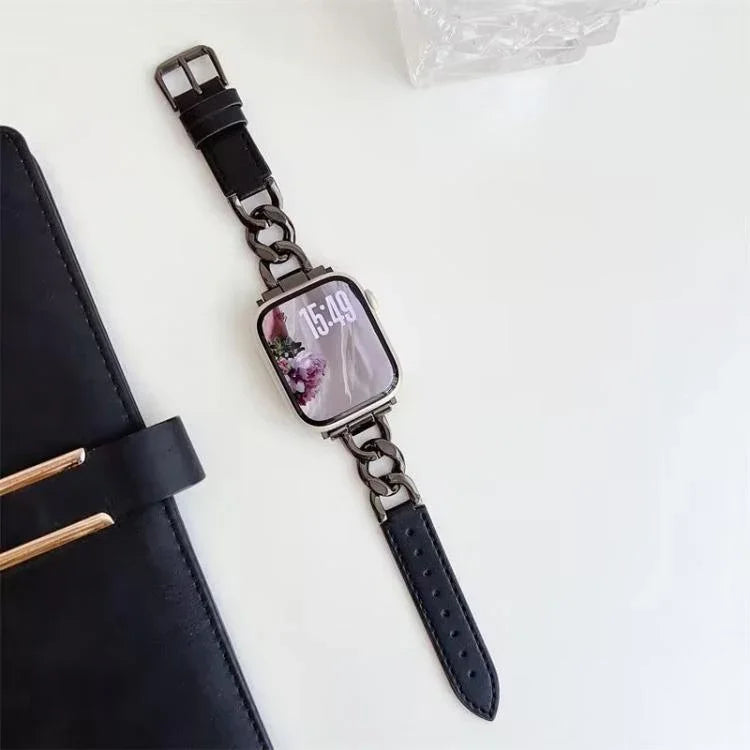 xDfind Denim Chain Metal Hybrid Leather Watch Band, For Apple Watch 42 / 44 / 45 / 46 / 49mm, For Apple Watch 38 / 40 / 41 / S10 42mm