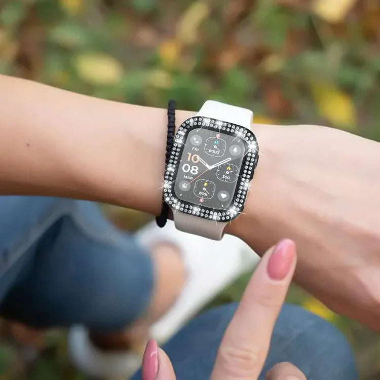 xDfind Double Row Diamond Tempered Glass Film Integrated PC Watch Cover, For Apple Watch Series 9 / 8 / 7 41mm, For Apple Watch Series 3 / 2 / 1 38mm, For Apple Watch Series 3 / 2 / 1 42mm
