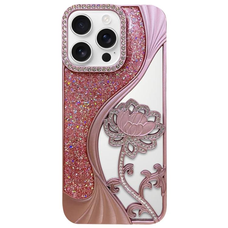Electroplated TPU Lotus Hollow-carved  Rhinestone Glitter Phone Case, For iPhone 17 Pro Max, For iPhone 17 Pro, For iPhone 17, For iPhone 16 Pro Max, For iPhone 16 Pro, For iPhone 16, For iPhone 15 Pro Max, For iPhone 15 Pro
