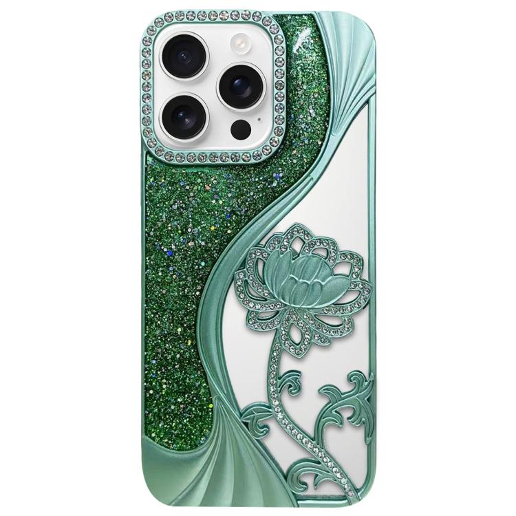 Electroplated TPU Lotus Hollow-carved  Rhinestone Glitter Phone Case, For iPhone 17 Pro Max, For iPhone 17 Pro, For iPhone 17, For iPhone 16 Pro Max, For iPhone 16 Pro, For iPhone 16, For iPhone 15 Pro Max, For iPhone 15 Pro